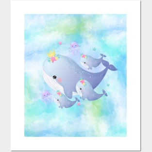 Adorable Blue Whale Family: A Doting Dad and His Triplets Posters and Art